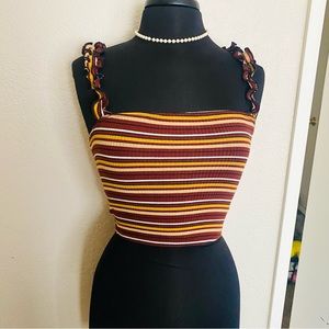 MIND CODE BROWN STRIPE CROP RUFFLED CAMI TOP